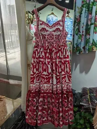 Mody pas startowy spaghetti sukienka letnie kobiety czerwona porcelanowa druk vestidos impreza elegancka elegancka dama rozszerzenie