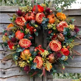 Party Decoration Fall Peony And Pumpkin Sunflower Wreath For Front Door Home Farmhouse Decor Festival Celebration Thanksgiving Drop D Dhsvr