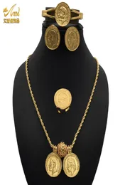 Комплект украшений Африканские свадебные серьги Женские индийские позолоченные ювелирные изделия Ожерелье с монетами Обручальные кольца Браслет Египетский дизайнер7779446