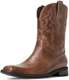Cowboy Boots for Men - Men's Western Boots With Embroidered, Slip Resistant Square Toe Chunky Heel Ankle Boots, Durable and Fashionable