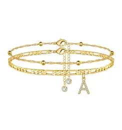 Set di 2 pezzi Set di cavigliere placcato oro reale 14K per gioielli da spiaggia da donna Esagono Lettera iniziale dell'alfabeto AZ quot Clear Summer7074132