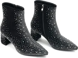 Sparkly Rhinestone Boots for Women - Bling Diamond Ankle Boots with Studded Glitter Chunky Heel, Pointy Toe Block High Heeled Short