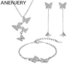 Anenjery Exquisite S925 Stamp Silver Color Micro Zircon Butterfly Tassel NecklacearringBracelet for Women Jewelry Sets 2009234670168