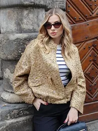 HH TRAF Outono Lantejoulas Dourado Jaqueta Solta para Mulheres Brilho Manga Comprida Jaqueta Bomber Casual com Bolsos Casacos Femininos Moda 240131