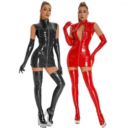 Vestidos casuais sexy mulheres patente couro frontal zíper virilha bodycon olhar molhado pólo dança látex catsuit rave bar festa clubwear