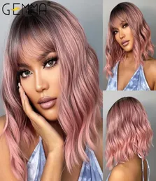 Phones Automotive Online shopping HairSynthetic GEMMA Ombre Pink Medium Wavy Synthetic Wig with Bangs Black Women Natural Bob Loli8207210