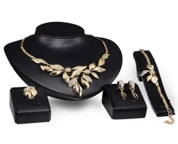 Gold Leaf Wedding Jewelry Sets with Crystal Rhinestone Leaves Necklace Bracelet Earring Ring Set for Women Party Accessories5353092