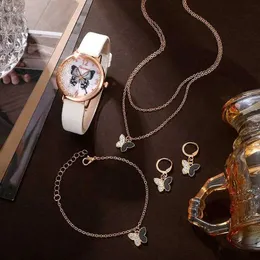 Other Watches 5PCS Set Luxury Women Butterfly Necklace Earrings Bracelet Set es Leather Band Ladies Simple Dress Quartz Wrist