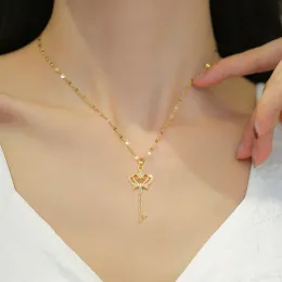 14K Yellow Gold Crown Key Pendant Necklace For Women Girl New Fashion Clavicle Chain Jewelry Gift Party Bijoux