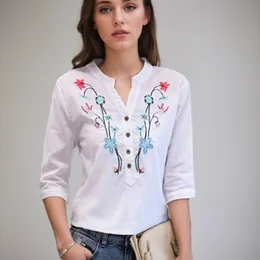 Autumn Cotton Linen Vneck Blus Shirt Women Summer Half Sleeve Fashion White Ol Vneck Casual Tops Blusa D377 240125