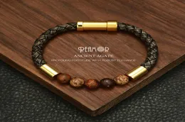 Reamor 2019 Men Black Bladed Leather Bracelets Natural Stone Bracelet Gold 316L Stains Stains Stains Clasp Bangle Jewelry CX21169320