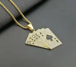 Hip Hop Necklace Rhinestones Paved Bling Iced Out Stainless Steel Poker Straight Flush Lucky Pendants Necklaces for Men Jewelry4126472