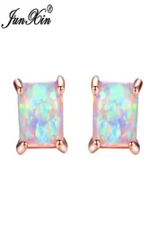 Junxin Greenbluewhite Fire Opal Stud Earring for Women Rose Gold Clade Earrings Princess Cut Birthstone Earring Gifts7383844