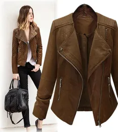 Women Leather Jackets and Coats Dark Brown Rivets Slim Ladies Faux Jacket Bomber Motorcycle Coat Autumn