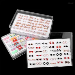 Ohrstecker, 36 Paare/Box, gemischt, Strass, Emaille, Blume, Herz, Stern, Perle, Tier, kleines Kunststoff-Set für Frauen und Mädchen, Schmuck