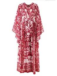 Chiffon Silk Women Dress Three Quarter Flying Sleeve V Neck Party Vacation Long Vestidos Fashion Red Porslin Printing