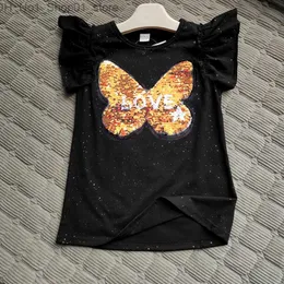 T-shirts Girl Sequin Top Changing Color Butterfly Switchable Reversible Sequins Girls T-shirts Kid Fashion T Shirt Children Topps Clothes Q240218