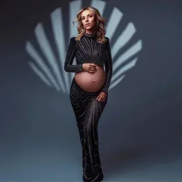 チュールホットフィックスクリスタルマタニティフォトショートドレスセットラインストーン伸縮性妊娠写真衣装