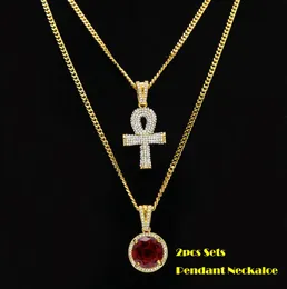 2pcs Sets Pendant BlackRedBlue Mini Round Gemstone Big Rhinestones Key Cuban Chain Two Necklace Men Women HipHop Jewelry 2 Nec5320944
