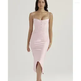 Casual Dresses Summer Fashion Women's Slant Long Bandage Dress 2024 Elegant Spaghetti Strap Buckle Pink Celebrity Party