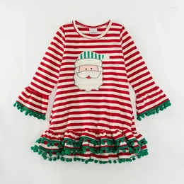 Abiti da ragazza Girlymax Inverno Neonate Natale Striscia rossa ricamata con volant al ginocchio Abbigliamento Abito con pompon Manica lunga