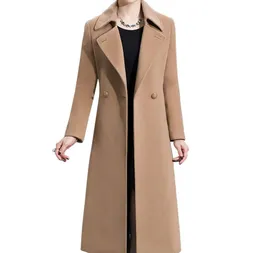 Женское элегантное однотонное плотное теплое пальто средней длины из смесовой шерсти
