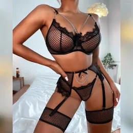 Set di reggiseni 2024 Divertimento intimo Maglia impiombata Ciglia Catena di pizzo Farfalla Set di quattro In magazzino Tuta sexy Lingerie Taglie forti