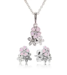 Autentisk 925 Sterling Silver Pink Emamel Flower Pendant Necklace Earring Set With Box For Jewelry Womens örhängen9042132