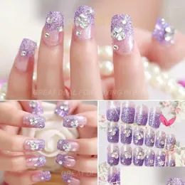 Yanlış Tırnaklar Mor Glitter Rhinestone Tırnak Gelin Parti Yapay Çift Taraflı Aksesuarlar Sanat İpuçları Damla Teslimat Sağlık Güzellik Salonu Otpgu