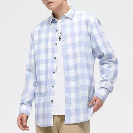 Mäns casual skjortor vårens sommarskjorta bomullsfärg snurrande rutig koreansk version smal passande långärmad män mode topp
