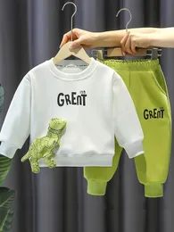 Autumn Baby Girl Boy Clothes Set Children Cartoon Dinosaur Sweater Pullover Top och Pant 2 Pieces Suit Letter Outfit Tracksuit 240218