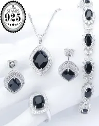 Prata 925 traje casamento preto zircão conjuntos de jóias para mulheres pulseiras brincos anéis pingente colar conjunto jóias presente box3459326