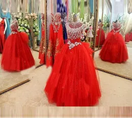 2019 Золотой глобус Девушки Конкурсные платья с короткими рукавами и бусинами Кристаллы Конкурсные платья Вечерние для девочек Тюль для маленьких девочек Красный цветок G9066440