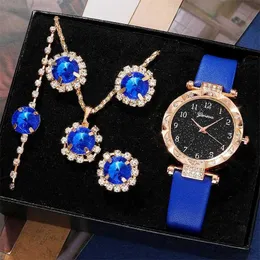 Other Watches 6PCS Set Luxury Women Ring Necklace Earring Rhinestone Fashion Quartz Wrist Casual Ladies es Bracelet Set Clock