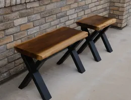 Скамья из тикового дерева с живой кромкой и металлическим основанием X, прямоугольный деревянный приставной столик, мебель для домашнего декора в деревенском стиле, скамейка из деревянных плит с натуральным краем