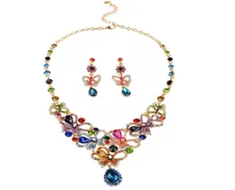 Mehrfarbige Strasssteine, luxuriöses österreichisches Kristall-Halsketten- und Ohrringe-Schmuck-Set, indisches türkisches Hochzeits-Party-Schmuck-Set332Y2479445