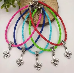 20 Pcs Lot Antique Silver Fleur De lis Dangle Bead Pendant Mixed Color Leather Braided Rope Bracelets Bangles Womens Jewelry A11864587227