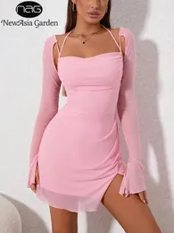 Asia Sweet Mesh manica lunga rosa abito donna sexy solido backless fasciatura Mini Vestido Mujer vacanze estive Party Club Outfit 240202