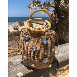Totes New Handmade Rhinestone Crystal Embellished Straw Basket Bag 2020 Small Rattan Bucket Top-handle Bags Lady Purses And HandbagsH24219