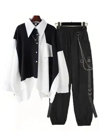 Женская уличная одежда, костюм из двух предметов, сплайс-цепочка с длинными рукавами, брюки-цепочка с лентой, брюки-карго в стиле Харадзюку, комплекты из 2 предметов, женские наряды 240125