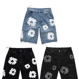 Denim jeans shorts homens designer mulheres curto jean para homens luxo alta qualidade buracos retos apertados flor impressão shortpants magro hip hop rua calças pretas roupas