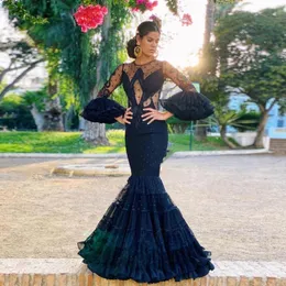 Sıradan Elbiseler Flamenko Kadınları Maxi Abiye Gece Elbisiesi 2024 İspanyol Siyah Parti Elbise Tül Flare Sleeves Boncuklu Robe De Soiree