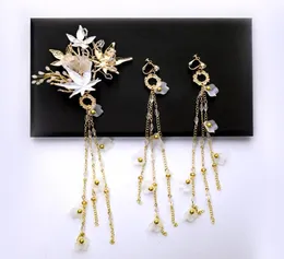Feito à mão vintage ouro conjuntos de jóias de noiva flor folha grampos de cabelo com brincos de borla longa mulheres país praia acessórios de casamento 2239828