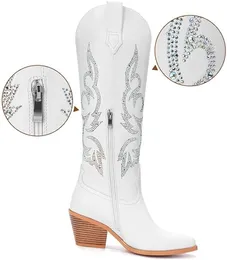 Weiße Cowboystiefel für Damen – breite Waden-Strass-Cowgirl-Stiefel, kniehohe Westernstiefel für Damen