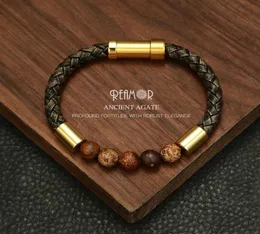 Reamor 2019 Men Black Bladed Leather Bracelets Natural Stone Bracelet Gold 316L Stains Stains Stained Clasp Bangle Jewelry CX23166188