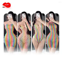 Bras sätter sexig underkläder för kvinnor Fishnet Halter Chemise Rainbow Mesh Mini Dress Bodysuit genom kläder Flirtation Erotiska par