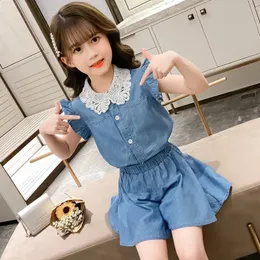 2024年の夏の若者と子供の女の子の服ショルデニムシャツ+ソリッドカラーパンツセット5 6 7 8 9 10 11 12年240218