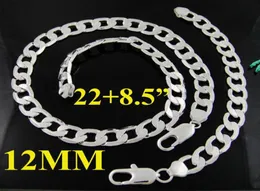Fashion Men039S smyckesuppsättning 925 Silver 12mm Curb Chain Flat Necklace Armband Set 2285inch 10Sets5019175