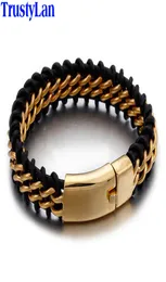 TrustyLan Bracciale in pelle in acciaio inossidabile color oro da uomo 18 mm di larghezza Braccialetti in pelle da uomo Braccialetti per gioielli Regalo di goccia C106827802