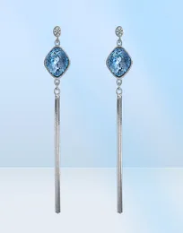 925 Sterling Silver Earring Stud Earring med Blue Square Cubic Zircon Long Tassel Earrings Ear For Women Fashion Jewelry Gift2893668